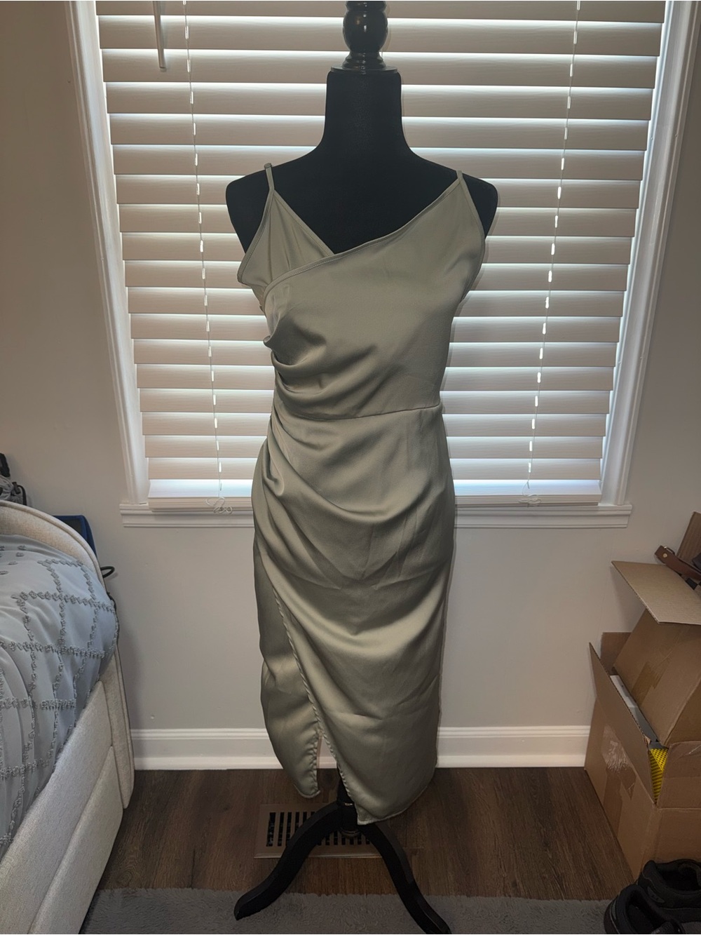 SHEIN Sage Green Satin Asymmetrical Ruched Midi Dress Size M